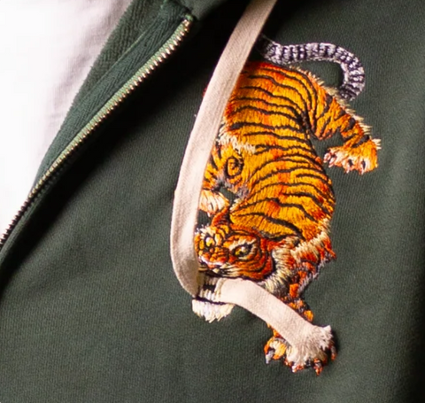 Black Oversize Hoodie with Tiger Embroidery and Drawstring Detail
